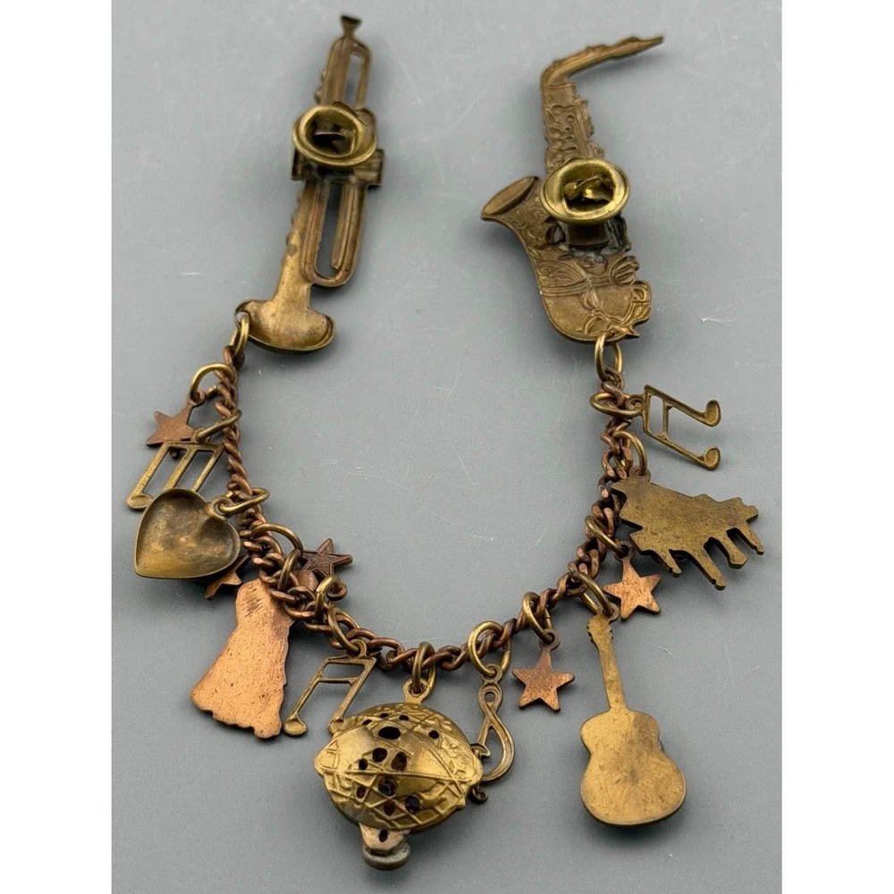 Vintage Double Pin Brooch Musical Charms Celestial Blazer Pin Sax Trumpet Chain